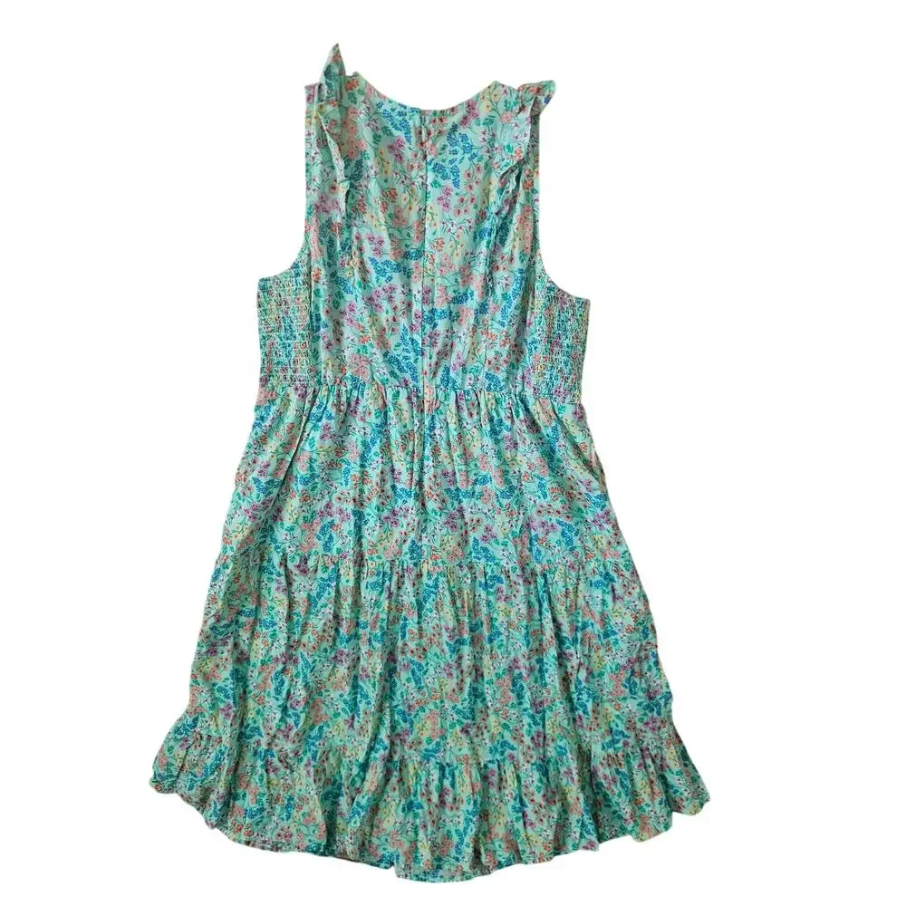 J Crew Spearmint Floral Sleeveless Midi Dress 100% Cotton Flutter Ruffle Size 18